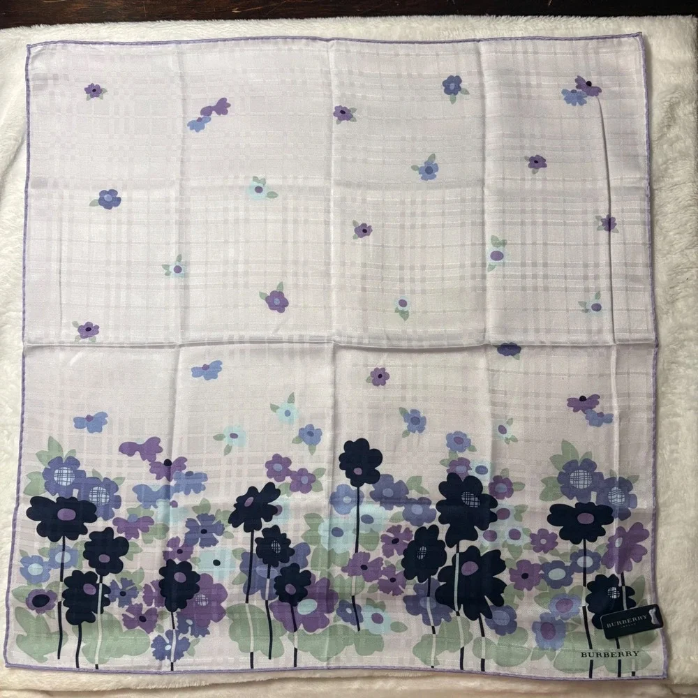 BURBERRY Scarf Handkerchief Floral Silk Purple Blue Green 23in